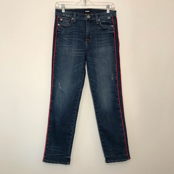 Hudson Jeans Zoeey Ankle Straight Leg Red Tuxedo Stripe Distressed Size 24 - Picture 5 of 16